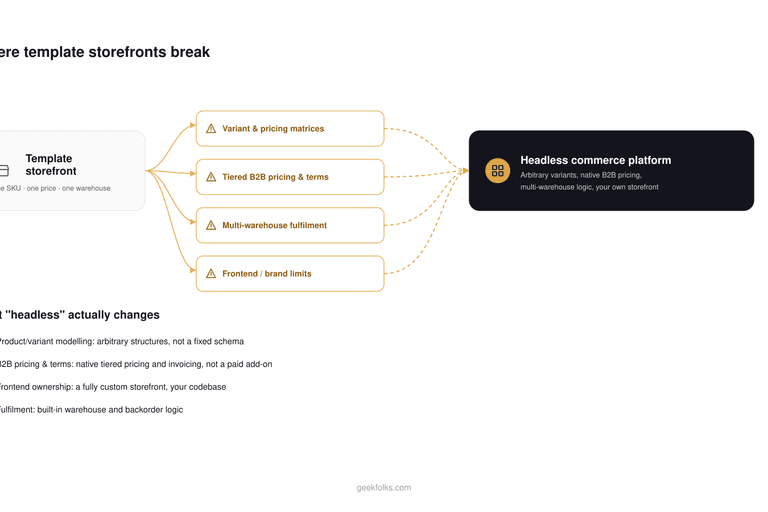 Diagram showing four places a template storefront breaks — variant and pricing matrices, tiered B2B pricing and terms, multi-warehouse fulfilment, and frontend or brand limits — each resolved by a headless commerce platform